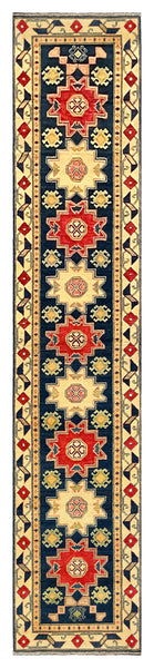 27806-Kazak Hand-Knotted/Handmade Afghan Rug/Carpet Tribal/Nomadic Authentic/ Size: 13'5" x 2'6"/409m x 76cm