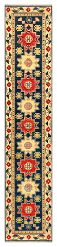 27806-Kazak Hand-Knotted/Handmade Afghan Rug/Carpet Tribal/Nomadic Authentic/ Size: 13'5" x 2'6" / 409cm x 76cm/409m x 76cm