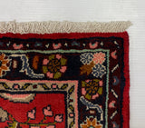 A close-up corner of a patterned area rug with cream fringe, shown against a large white backdrop and gray carpet. The rug features a red field with dark navy, green, pink, and beige floral and geometric motifs.
