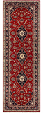 A traditional oriental-style runner rug with a deep red field, featuring three large central navy and beige medallions, surrounded by a detailed navy and beige patterned border.