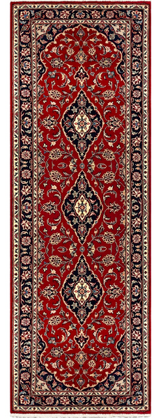 A traditional oriental-style runner rug with a deep red field, featuring three large central navy and beige medallions, surrounded by a detailed navy and beige patterned border.