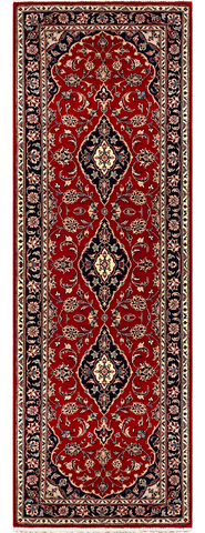A traditional oriental-style runner rug with a deep red field, featuring three large central navy and beige medallions, surrounded by a detailed navy and beige patterned border.