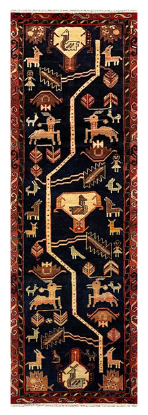 27445-Hamadan Hand-Knotted/Handmade Persian Rug/Carpet Tribal/Nomadic Authentic/ Size: 9'5" x 3'1"/287cm x 94cm