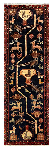 27445-Hamadan Hand-Knotted/Handmade Persian Rug/Carpet Tribal/Nomadic Authentic/ Size: 9'5" x 3'1"/287cm x 94cm