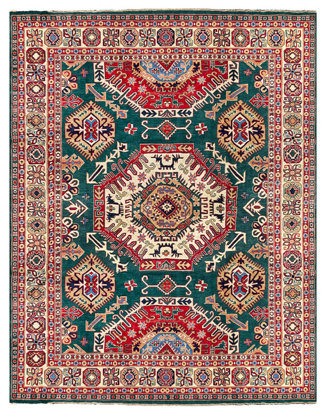 26929-Kazak Hand-Knotted/Handmade Afghan Rug/Carpet Tribal/Nomadic Authentic/ Size: 10'4" x 8'1"
