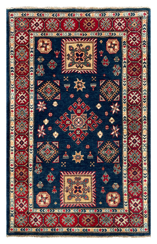 26993-Kazak Hand-Knotted/Handmade Afghan Rug/Carpet Tribal/Nomadic Authentic/ Size: 4'8" x 3'0"
