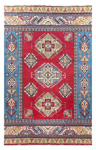 26931-Kazak Hand-Knotted/Handmade Afghan Rug/Carpet Tribal/Nomadic Authentic/ Size: 9'1" x 6'7"