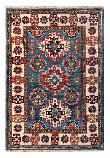 27124-Kazak Hand-Knotted/Handmade Afghan Rug/Carpet Tribal/Nomadic Authentic/ Size: 4'0" x 2'9"