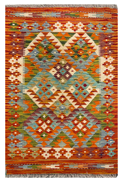 25868- Kelim Hand-Woven/Flat Weaved/Handmade Afghan /Carpet Tribal/Nomadic Authentic/Size: 4'1" x 2'7"