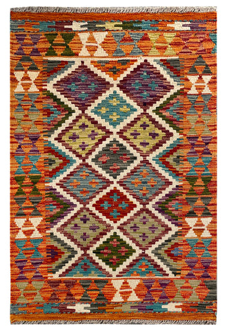 25854- Kelim Hand-Woven/Flat Weaved/Handmade Afghan /Carpet Tribal/Nomadic Authentic/Size: 4'0" x 2'7"