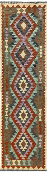 25954- Kelim Hand-Woven/Flat Weaved/Handmade Afghan /Carpet Tribal/Nomadic Authentic/Size: 9'10" x 2'8"