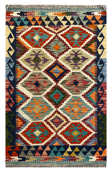 25902- Kelim Hand-Woven/Flat Weaved/Handmade Afghan /Carpet Tribal/Nomadic Authentic/Size: 4'2" x 2'7"