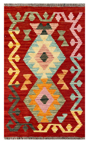 26056- Kelim Hand-Woven/Flat Weaved/Handmade Afghan /Carpet Tribal/Nomadic Authentic/Size: 2'11" x 1'9"