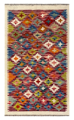 26074- Kelim Hand-Woven/Flat Weaved/Handmade Afghan /Carpet Tribal/Nomadic Authentic/Size: 3'4" x 1'11"