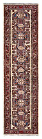 25357-Royal Kazak Hand-Knotted/Handmade Afghan Rug/Carpet Tribal/Nomadic Authentic/ Size: 11'4" x 2'9" / 345cm x 84cm/345m x 84cm