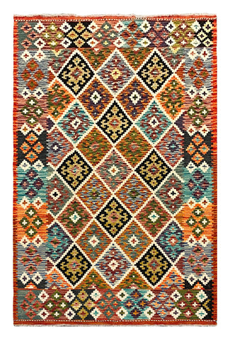 27572 - Kelim Hand-Woven/Flat-Weaved/Afghan Kelim/Carpet Modern/Nomadic Authentic/Size: 6'5" x 4'2"/196cm × 127cm