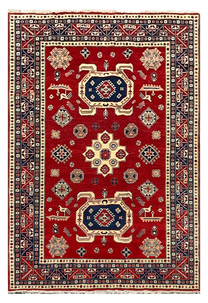 27808-Kazak Hand-Knotted/Handmade Afghan Rug/Carpet Tribal/Nomadic Authentic/ Size: 9'5" x 6'6"/287m x 198cm