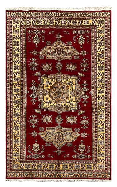 27569-Bokhara Hand-Knotted/Handmade Pakistani Rug/Carpet Tribal/Nomadic Authentic/ Size: 8'5" x 5'1"/257 cm × 155cm