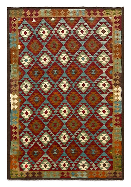 27564 - Kelim Hand-Woven/Flat-Weaved/Afghan Kelim/Carpet Modern/Nomadic Authentic/Size: 9'9" x 6'5"/297cm × 196cm