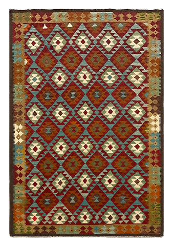 27564 - Kelim Hand-Woven/Flat-Weaved/Afghan Kelim/Carpet Modern/Nomadic Authentic/Size: 9'9" x 6'5"/297cm × 196cm