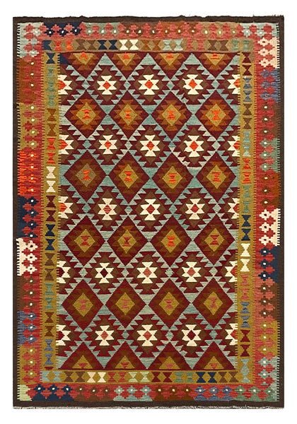 27560 - Kelim Hand-Woven/Flat-Weaved/Afghan Kelim/Carpet Modern/Nomadic Authentic/Size: 9'7" x 6'8"/292cm × 203cm