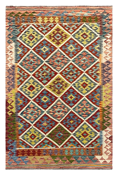 27574 - Kelim Hand-Woven/Flat-Weaved/Afghan Kelim/Carpet Modern/Nomadic Authentic/Size: 6'2" x 4'2"/188cm × 127cm