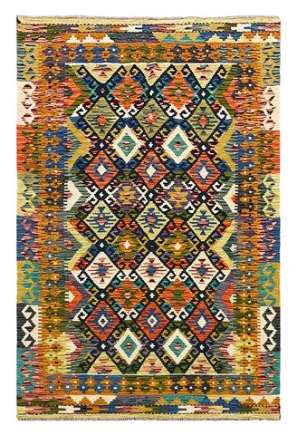 27573 - Kelim Hand-Woven/Flat-Weaved/Afghan Kelim/Carpet Modern/Nomadic Authentic/Size: 6'5" x 4'1"/196cm × 124cm