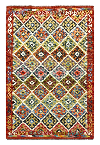 27575 - Kelim Hand-Woven/Flat-Weaved/Afghan Kelim/Carpet Modern/Nomadic Authentic/Size: 6'6" x 4'0"/198cm × 122cm