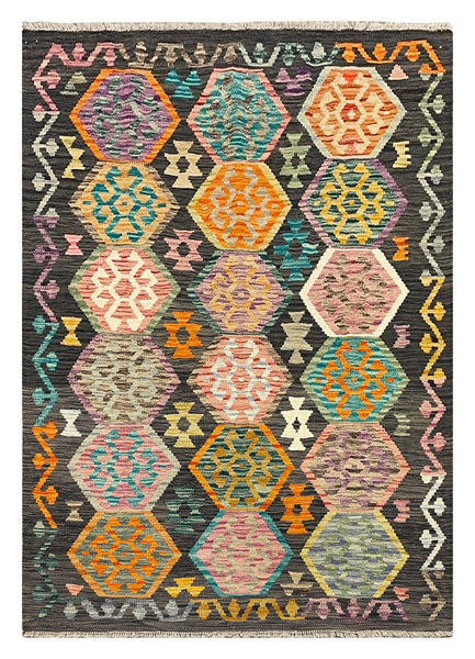 27650 - Kelim Hand-Woven/Flat-Weaved/Afghan Kelim/Carpet Modern/Nomadic Authentic/Size: 5'10" x 4'2"/178cm × 127cm
