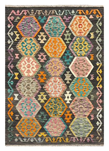 27650 - Kelim Hand-Woven/Flat-Weaved/Afghan Kelim/Carpet Modern/Nomadic Authentic/Size: 5'10" x 4'2"/178cm × 127cm