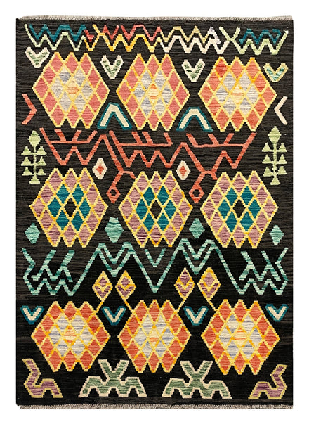 27648 - Kelim Hand-Woven/Flat-Weaved/Afghan Kelim/Carpet Modern/Nomadic Authentic/Size: 5'6" x 4'2"/168cm × 127cm