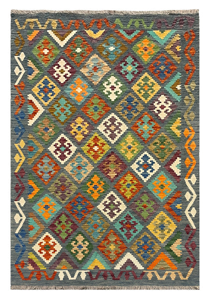 27755 - Kelim Hand-Woven/Flat-Weaved/Afghan Kelim/Carpet Modren/Nomadic Authentic/Size: 6'6" x 4'4"/198cm ×132cm