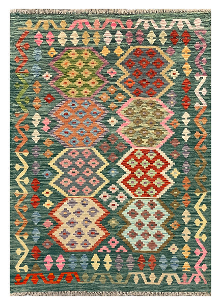 27642 - Kelim Hand-Woven/Flat-Weaved/Afghan Kelim/Carpet Modern/Nomadic Authentic/Size: 5'8" x 4'1"/173cm × 124cm