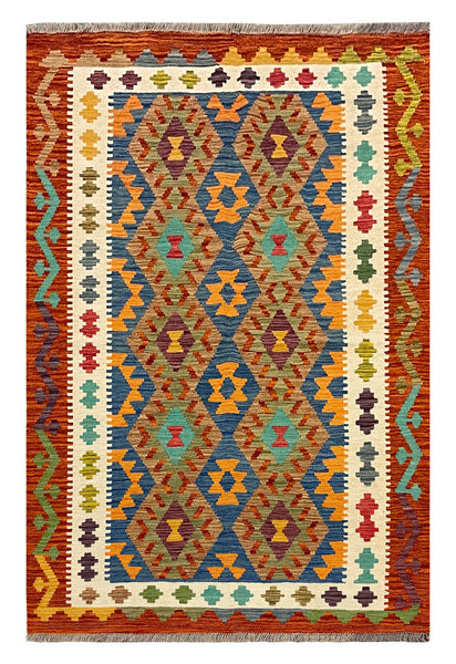 27760 - Kelim Hand-Woven/Flat-Weaved/Afghan Kelim/Carpet Modren/Nomadic Authentic/Size: 6'3" x 4'0"/191 cm ×&nbsp; 122m