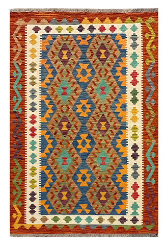 27760 - Kelim Hand-Woven/Flat-Weaved/Afghan Kelim/Carpet Modren/Nomadic Authentic/Size: 6'3" x 4'0"/191 cm ×&nbsp; 122m