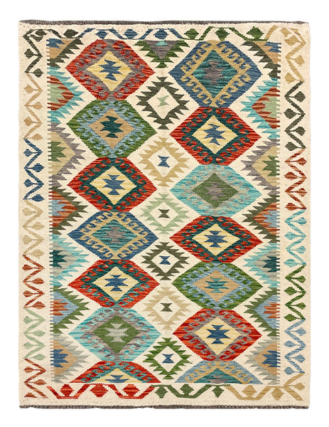 27644 - Kelim Hand-Woven/Flat-Weaved/Afghan Kelim/Carpet Modern/Nomadic Authentic/Size: 5'5" x 4'1"/165cm × 124cm