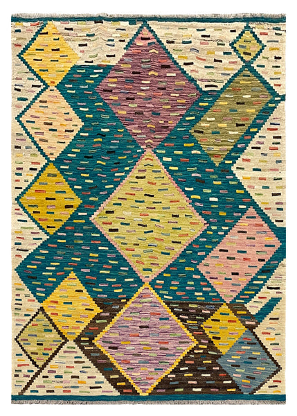27649 - Kelim Hand-Woven/Flat-Weaved/Afghan Kelim/Carpet Modern/Nomadic Authentic/Size: 5'6" x 4'3"/168cm × 130cm