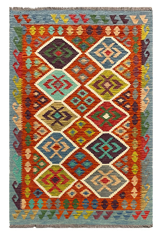 27761 - Kelim Hand-Woven/Flat-Weaved/Afghan Kelim/Carpet Modren/Nomadic Authentic/Size: 6'6" x 4'2"/198 cm ×&nbsp; 127m