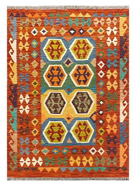 27765 - Kelim Hand-Woven/Flat-Weaved/Afghan Kelim/Carpet Modren/Nomadic Authentic/Size: 6'2" x 4'4"/188 cm × 132cm