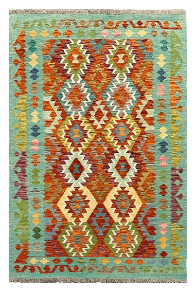 27764 - Kelim Hand-Woven/Flat-Weaved/Afghan Kelim/Carpet Modren/Nomadic Authentic/Size: 5'11" x 4'1"/180 cm × 124cm
