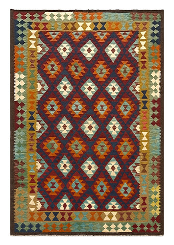 27563 - Kelim Hand-Woven/Flat-Weaved/Afghan Kelim/Carpet Modern/Nomadic Authentic/Size: 9'6" x 6'4"/290cm × 193cm