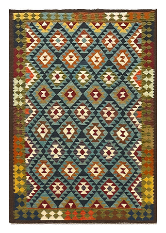 27559 - Kelim Hand-Woven/Flat-Weaved/Afghan Kelim/Carpet Modern/Nomadic Authentic/Size: 9'3" x 6'4"/282cm × 193cm