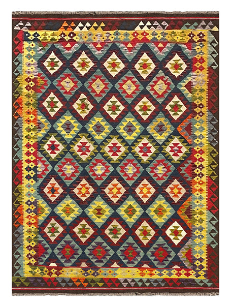 27480 - Kelim Hand-Woven/Flat-Weaved/Afghan Kelim/Carpet Modern/Nomadic Authentic/Size: 9'3" x 6'7"/282cm × 201cm