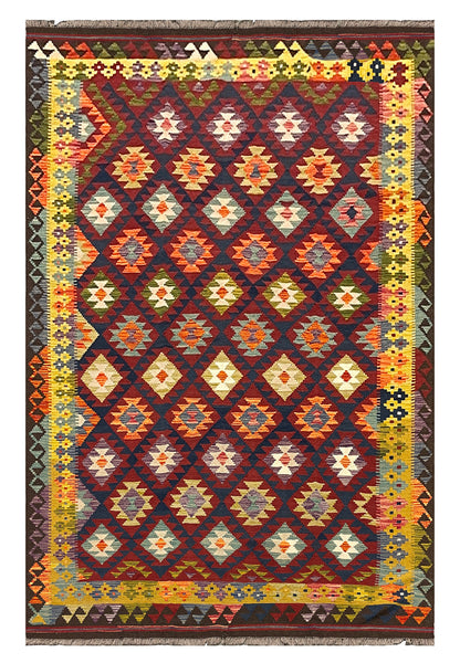 27541 - Kelim Hand-Woven/Flat-Weaved/Afghan Kelim/Carpet Modern/Nomadic Authentic/Size: 9'10" x 6'5"/118cm × 195cm