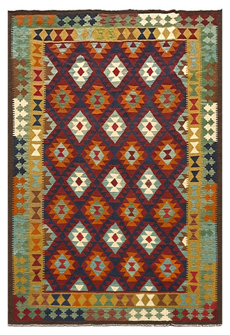 27562 - Kelim Hand-Woven/Flat-Weaved/Afghan Kelim/Carpet Modern/Nomadic Authentic/Size: 9'4" x 6'4"/284cm × 193cm