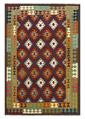 27554 - Kelim Hand-Woven/Flat-Weaved/Afghan Kelim/Carpet Modern/Nomadic Authentic/Size: 9'3" x 6'4"/282cm × 193cm
