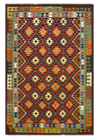 27553 - Kelim Hand-Woven/Flat-Weaved/Afghan Kelim/Carpet Modern/Nomadic Authentic/Size: 9'4" x 6'4"/284cm × 193cm