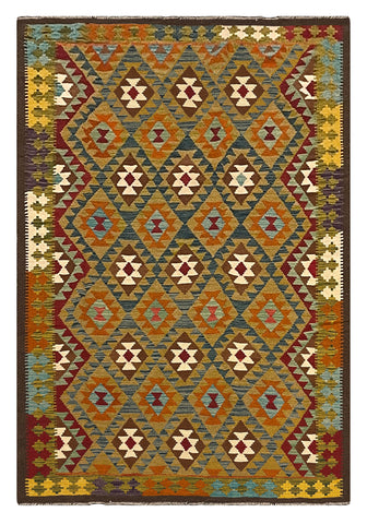 27555 - Kelim Hand-Woven/Flat-Weaved/Afghan Kelim/Carpet Modern/Nomadic Authentic/Size: 9'3" x 6'4"/282cm × 193cm