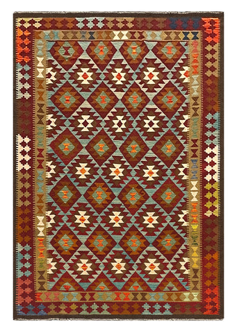 27551 - Kelim Hand-Woven/Flat-Weaved/Afghan Kelim/Carpet Modern/Nomadic Authentic/Size: 9'7" x 6'6"/292cm × 198cm