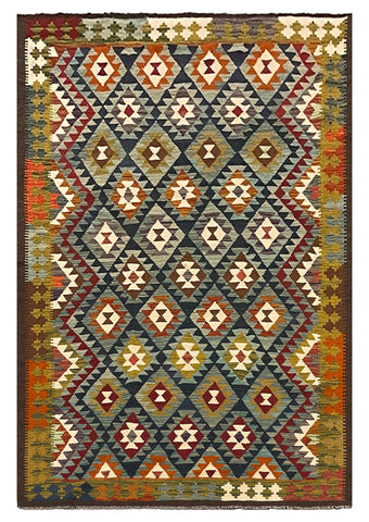 27558 - Kelim Hand-Woven/Flat-Weaved/Afghan Kelim/Carpet Modern/Nomadic Authentic/Size: 9'3" x 6'5"/282cm × 196cm